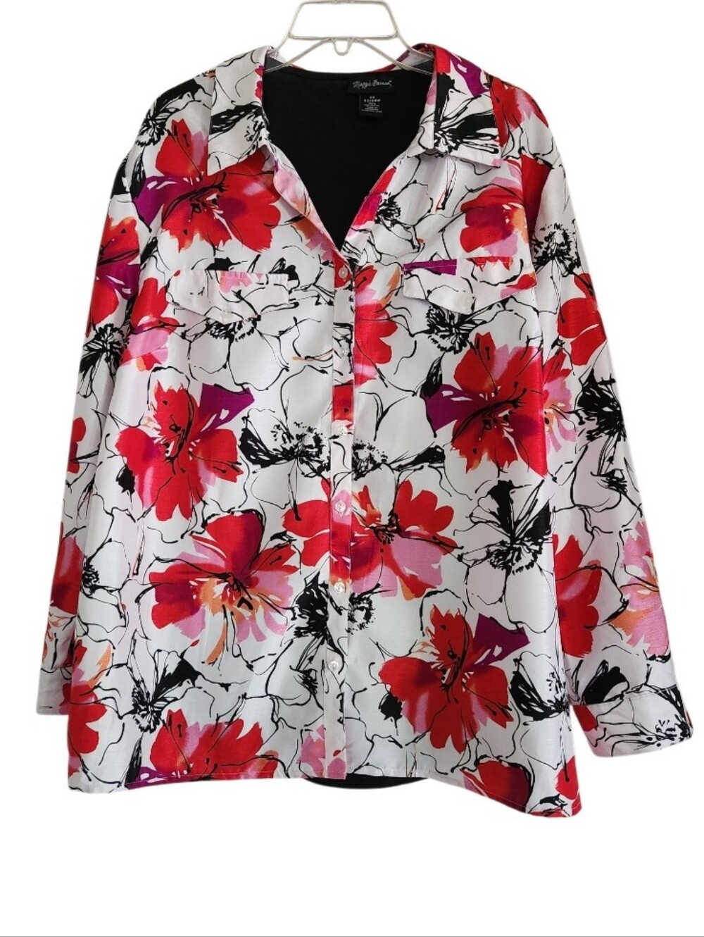 White Button-Down Shirt with Red & Pink Floral Print Sz 2x
